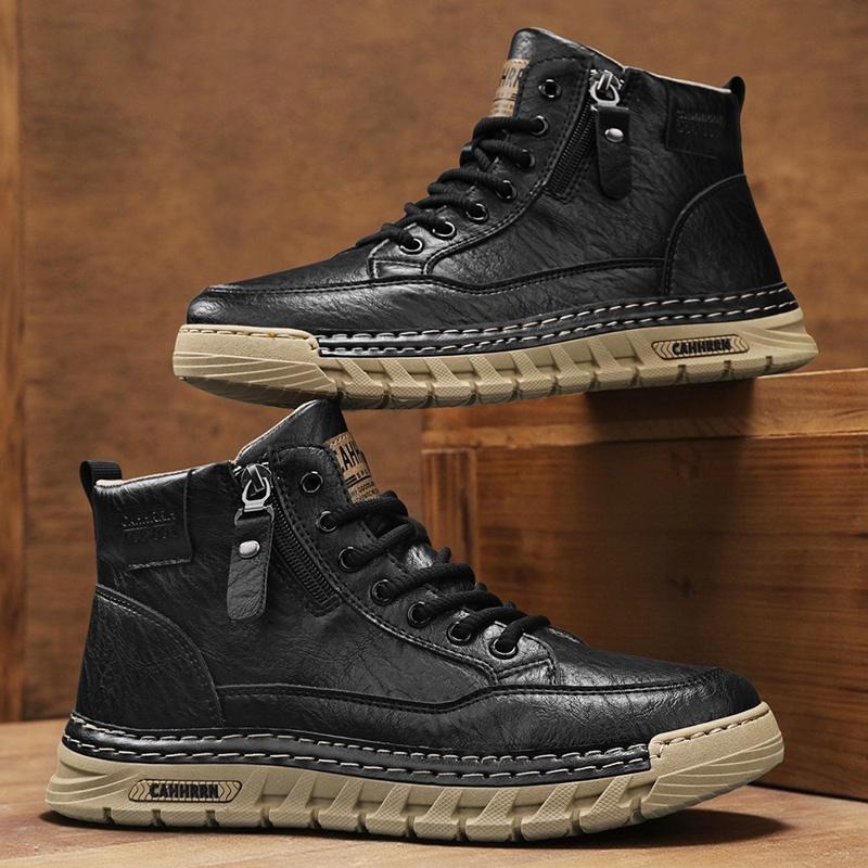 Men Leather High Top Ankle Boo - Sewing Cloth 评论和价格